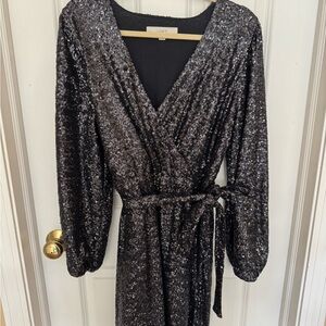 LOFT Black Sequin Wrap Dress